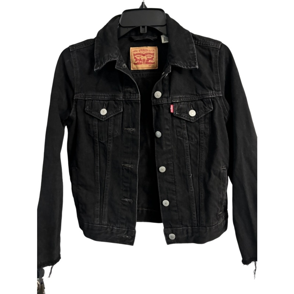 Levi's Black Button Up Jean Denim Trucker Long Sleeve Slit Bow Jacket Sz XS